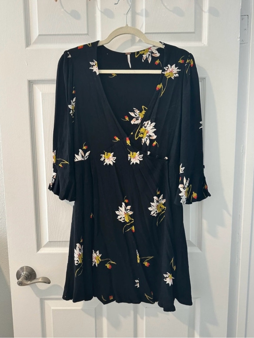 Free People Black Floral Wrap Mini Dress Size M